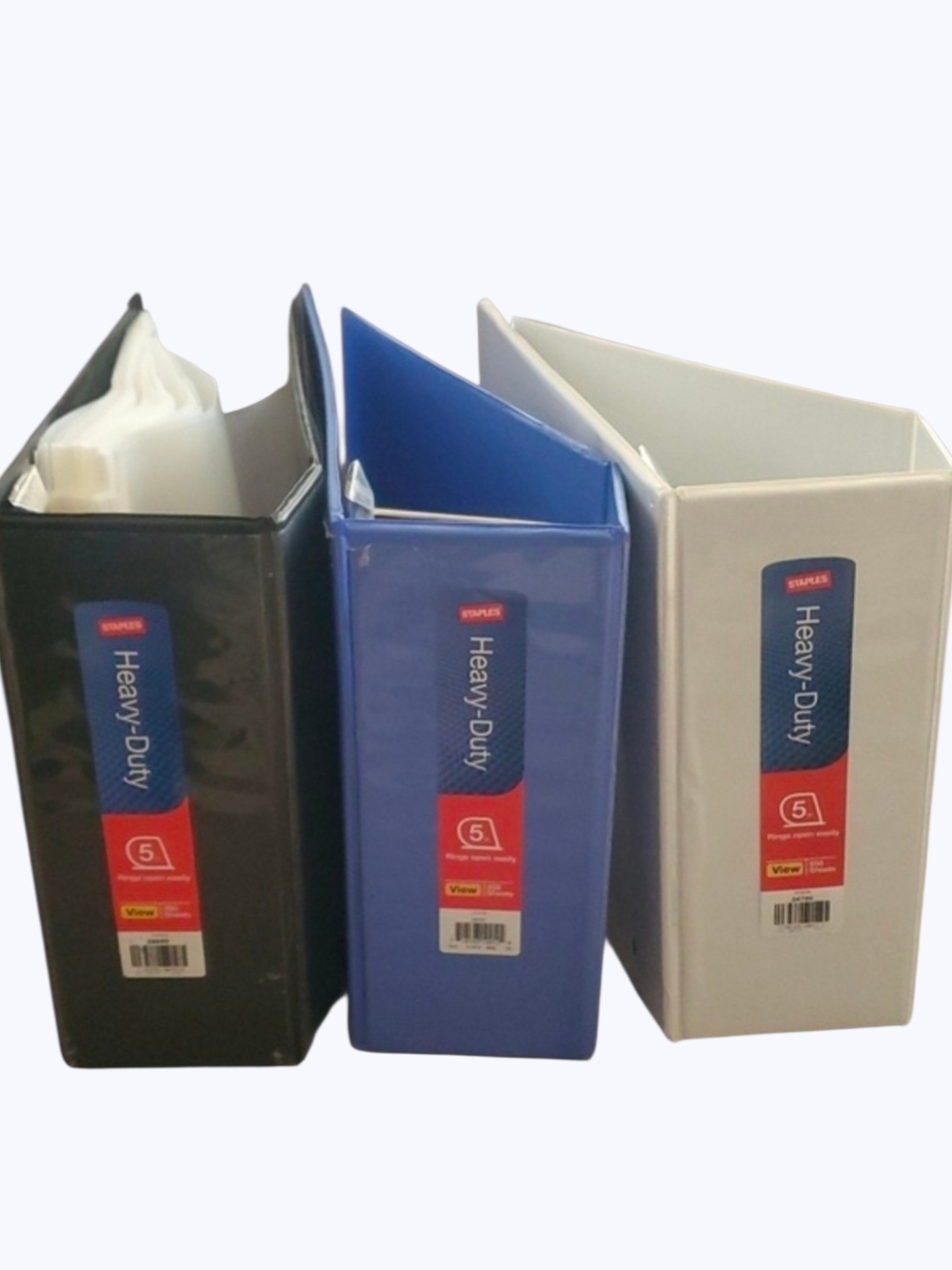 Staples Heavy Duty View Binders in black, blue, and white Used In Vguc Set Of 3